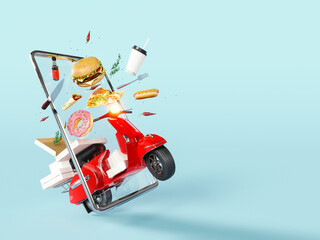 Fast food online delivery concept on blue background with copy space. Red scooter coming through the smartphone screen with food orders. 3D Rendering, 3D Illustration	 - 791738391