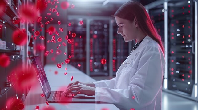 A scientist is analyzing data on a laptop in a high-tech server room surrounded by floating red digital particles