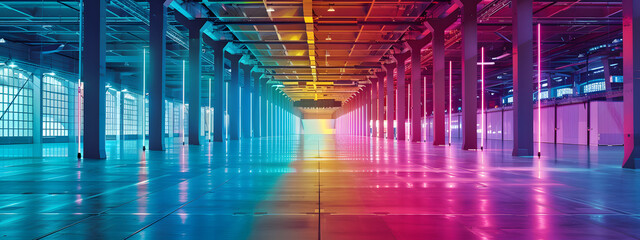 An empty space in underground hall warehouse area with colorful light tone. Copyspace for text. 
