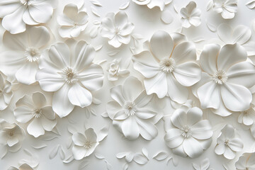 Fototapeta na wymiar White paper flowers on a white background. Flat lay, top view.