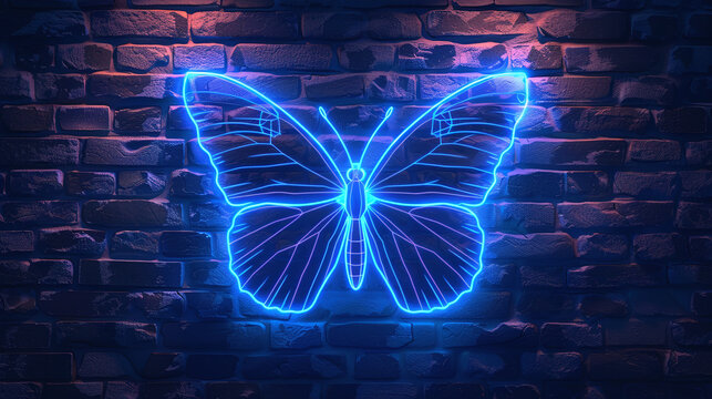 Glowing Blue Neon Butterfly Light on Dark Brick Wall Background