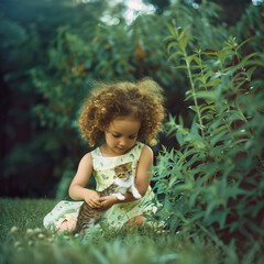 Little curly girl plays with a kitten on the grass

