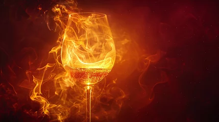 Fotobehang Sparkling Wine in Elegant Glass Surrounded by Fiery Orange Smoke © Kiss