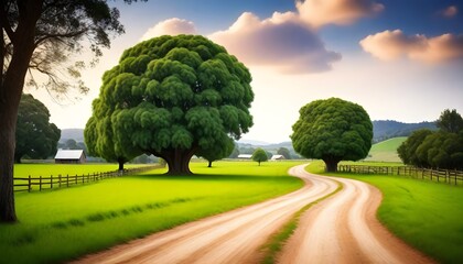 a realistic image of country paddocks and a quaint country lane. - obrazy, fototapety, plakaty