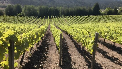 A sun drenched vineyard with rows of grapevines