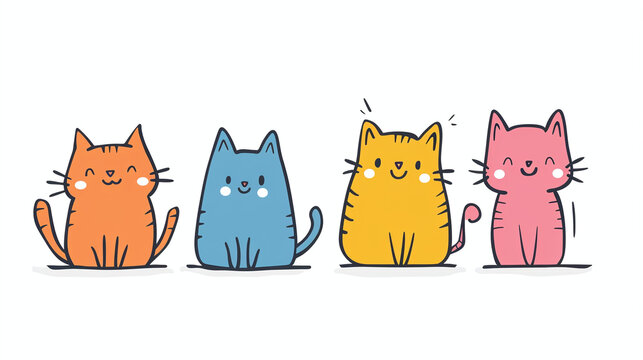 Colorful Cute Cartoon Cats Sitting Smiling Whimsical Illustration