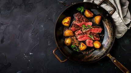 Fried potatoes and meat in a frying pan on a black background
