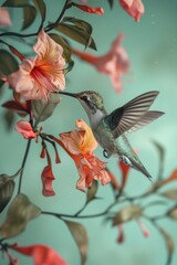 Obraz premium Graceful hummingbird carrying beautiful flowers through the air in its beak, showcasing nature's delicate beauty