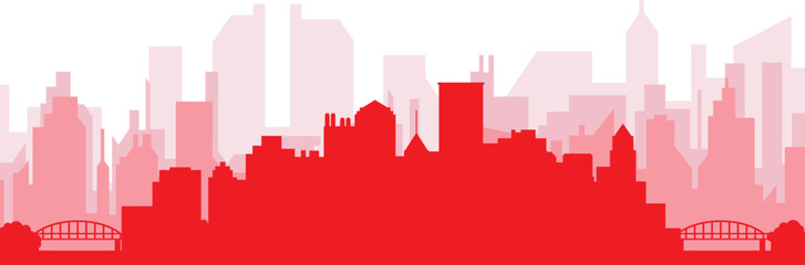 Red panoramic city skyline poster with reddish misty transparent background buildings of PITTSBURGH, UNITED STATES