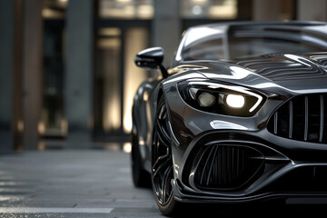 Close-up view of the front of a luxury black sports car