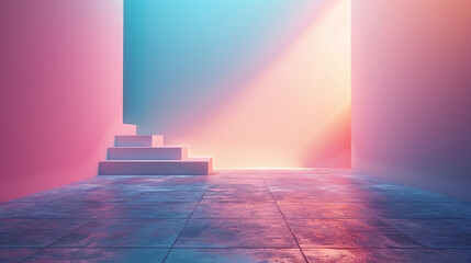 Vibrant Pink and Blue Hallway with Sunbeams and Steps Modern Design - obrazy, fototapety, plakaty
