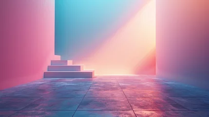 Poster Vibrant Pink and Blue Hallway with Sunbeams and Steps Modern Design © Kiss