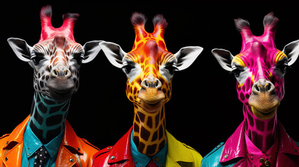 a group of giraffes wearing colorful jackets