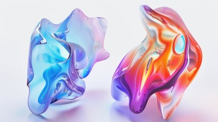 Colorful Glass Sculptures with Blue and Orange Swirls on White Surface, Pink and Blue Swirls,...