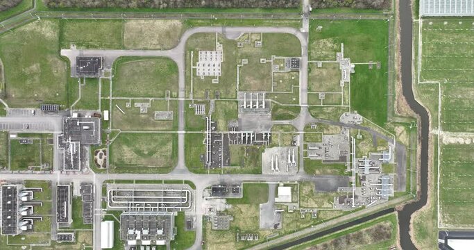 Aerial drone view of Wieringermeer, The Netherlands, natural gas storage and mixing with nitrogen. Site recently expanded to phase out gas extraction in Groningen. Nitrogen is mixed with high