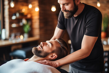Man lying on a massage coach with the hands of a male masseur lying on his shoulders