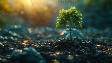 A young plant growing among scattered coins, symbolizing financial growth and investment potential. - obrazy, fototapety, plakaty