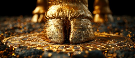 Golden bull's hoof positioned on a glowing Bitcoin symbol, embodying the optimism in cryptocurrency investment. - obrazy, fototapety, plakaty