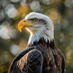 Obraz premium A bald eagle keenly observes its prey, its piercing eyes locked onto the target below, a symbol of strength and focus in the wilderness