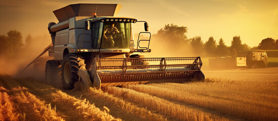 Combine harvester in evening action