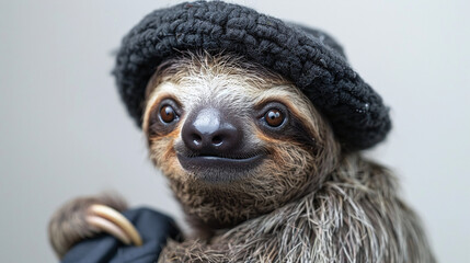 Obraz premium Smiling Sloth Wearing Black Beret and Scarf Close Up Portrait