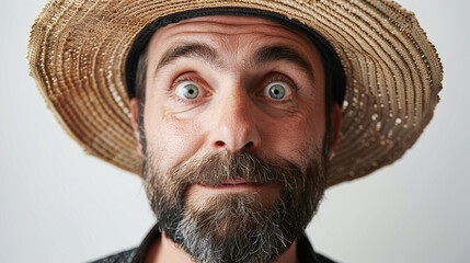 Close Up Portrait of Bearded Man with Wide Eyes Wearing Straw Hat