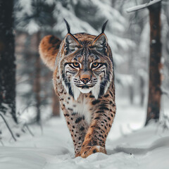 A lynx prowls gracefully across the snow, its tufted ears alert and its sleek form blending into the wintry landscape, a silent predator on the hunt