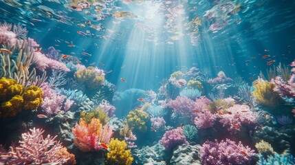 A colorful coral reef with many different types of fish swimming around - obrazy, fototapety, plakaty