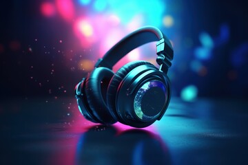Headphones on a blue background. Creative promotional photo earphones.