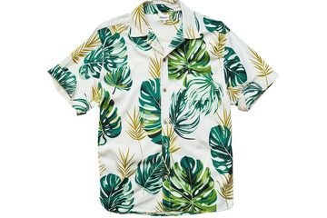 A casual short-sleeved shirt in a tropical leaf print, capturing the laid-back and tropical vibe of summer in a men's wear option isolated on solid white background.