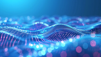 Blue digital wave with glowing particles futuristic technology background - obrazy, fototapety, plakaty