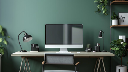 Modern Home Office Setup Green Walls Desk Plants Stylish Decor