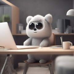 Humanoid bear in glasses works with a laptop, modern futuristic style
