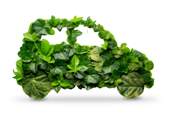 Electric car made out of green leaves. Green energy and sustainable power concept. PNG file with transparent background. Ai