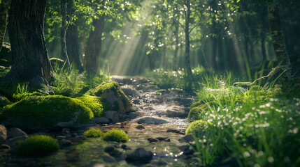 A tranquil river winding through a lush forest, with sunlight filtering through the canopy and illuminating the moss-covered rocks.