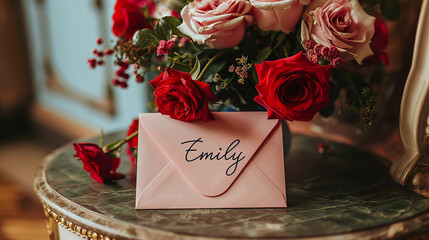 Elegant Pink Envelope with Name Emily Surrounded by Red and Pink Roses on Vintage Table