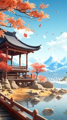 Obraz premium a building with a roof and a lake and mountains