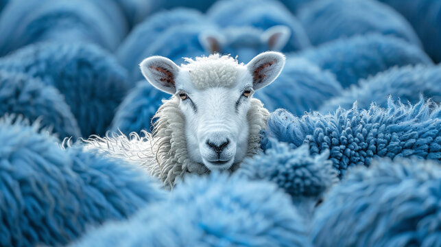 White Sheep Standing Out Amongst Blue Flock in Cold Light
