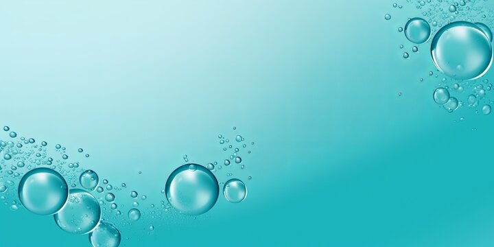 Turquoise bubble with water droplets on it, representing air and fluidity. Web banner with copy space for photo text or product, blank empty copyspace