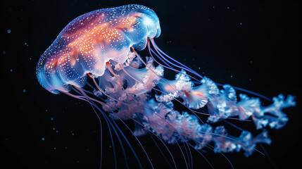 Bioluminescent Jellyfish Glowing Blue in Dark Ocean Waters