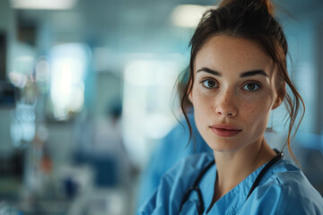 a female nurse with her hair pulled back, focused on her work in a hospital setting