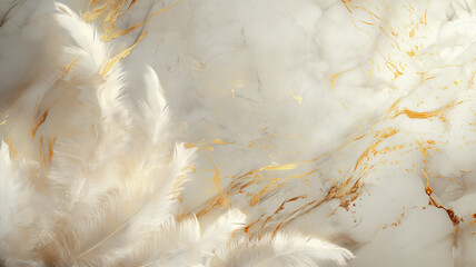 Marble background with feather and floral design. Wall art panels - obrazy, fototapety, plakaty