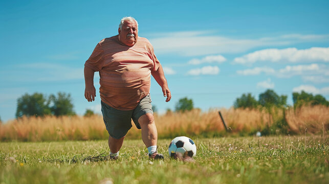 Senior Man Playing Soccer in Sunny Field Active Lifestyle Concept