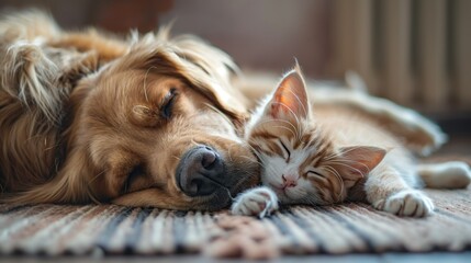 Golden retriever and a cute kitten sleeping together  head to head
