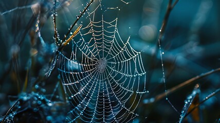 Detailed Photograph Capturing the Intricate Patterns of a Spider's Web, Glistening with Morning Dew
