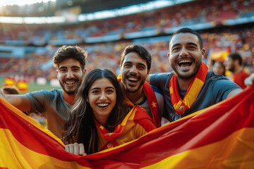 Cuatro amigos españoles sosteniendo una bandera de España animando a su equipo de futbol en un campeonato contentos sonriendo a cámara, con fondo de estadio deportivo con multitud de gente