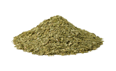 pile of dry yerba mate tea isolated on white background. 