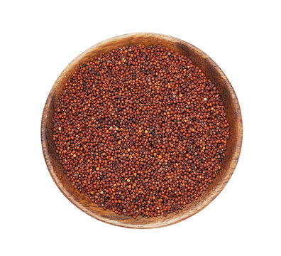 top view flat lay overhead pile of red finger millet or ragi raagi nachni isolated on white background in wood bowl