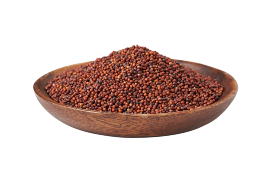 pile of red finger millet or ragi raagi nachni isolated on white background in wood bowl