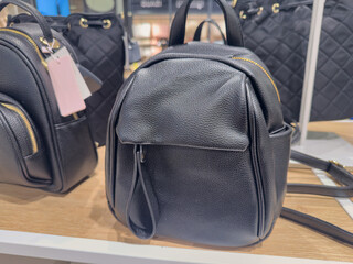 New expensive stylish leather female bag on shelf in boutique. Woman fashion